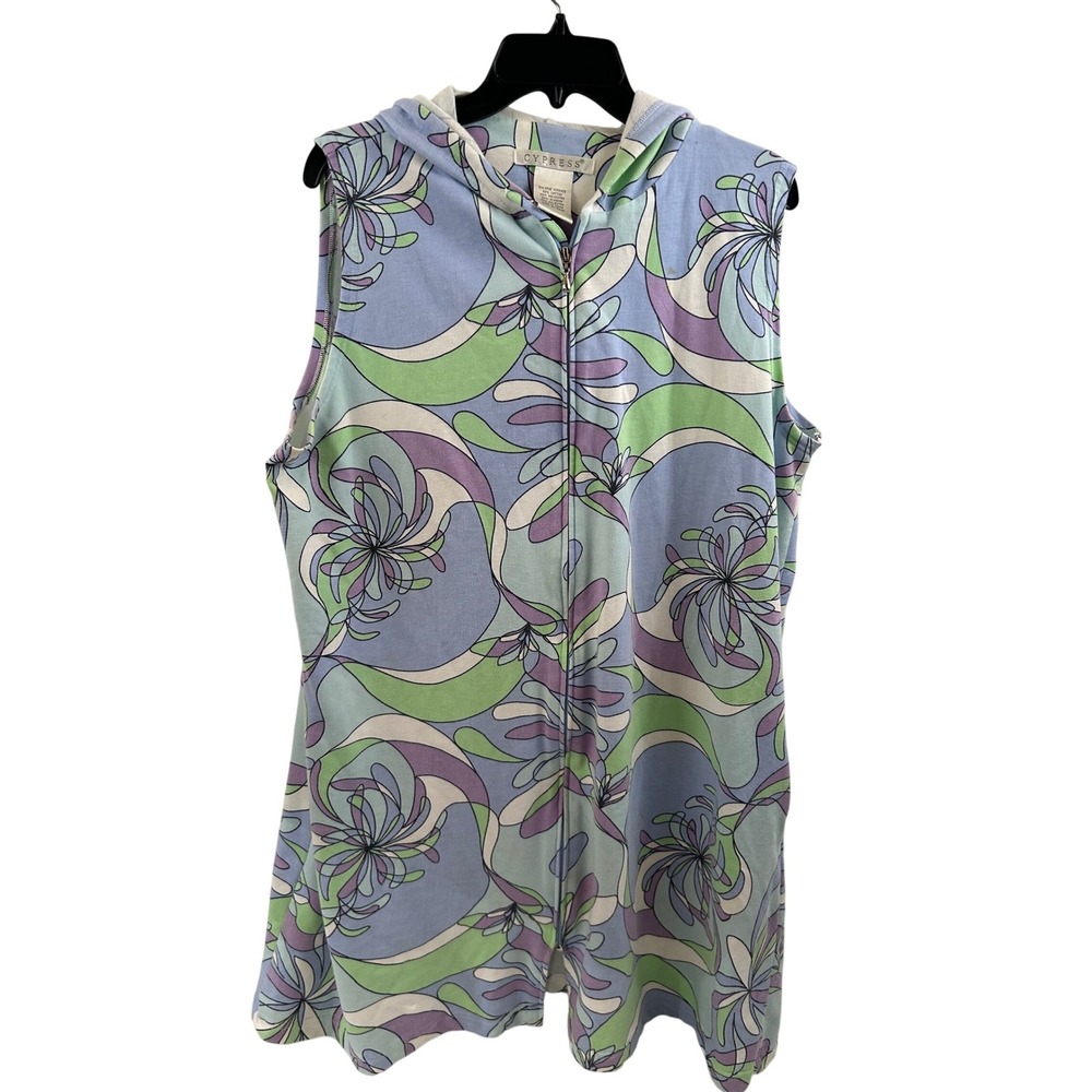 Cypress Sleeveless Zip Hoodie XL Blue Green Floral Psychedelic Print Womens